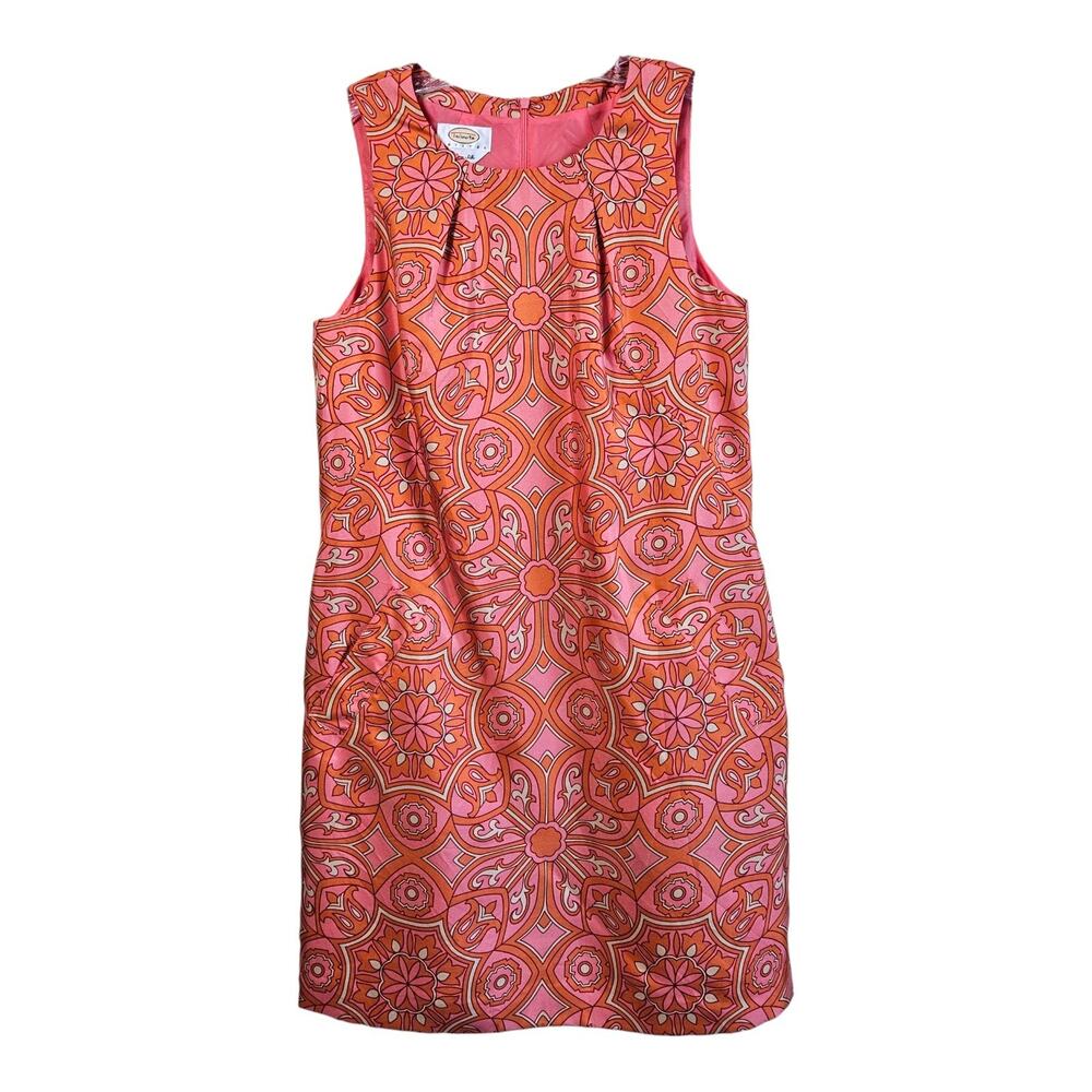 TALBOTS Women's Petite 10 10P Silk Dress Sleeveless Retro Medallion Orange Pink